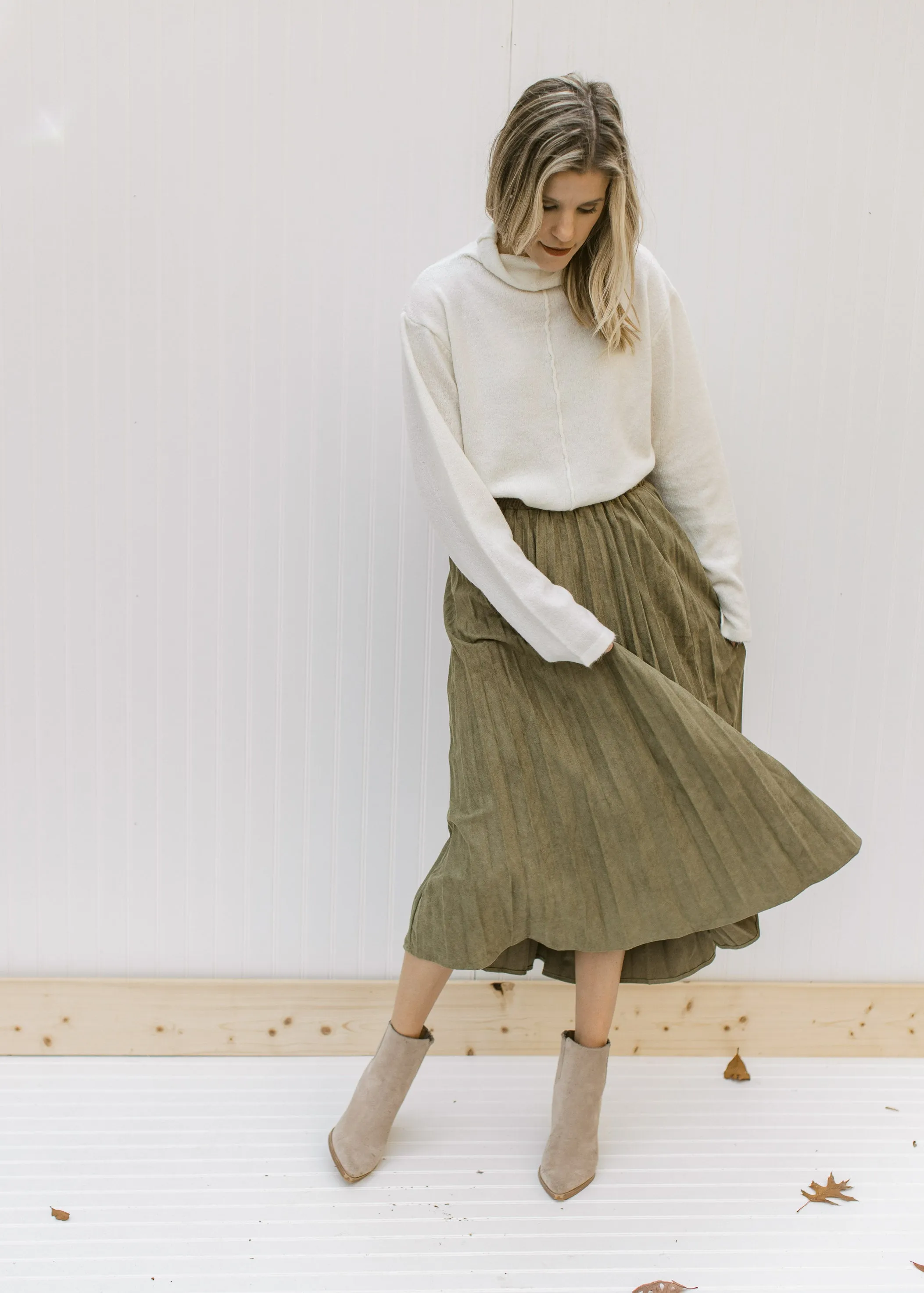 X Pleated Olive Skirt