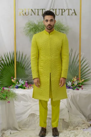 Yuvaan Fresh Green Quilted And Embroidered Sherwani Set