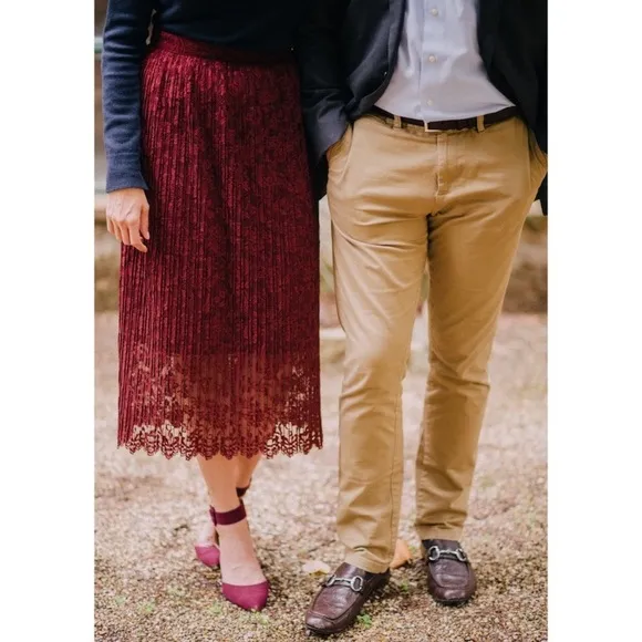 Zara lace pleated midi skirt burgundy red