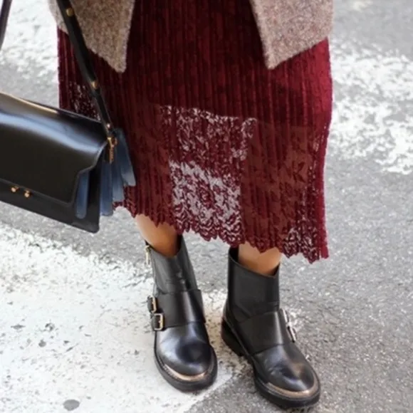 Zara lace pleated midi skirt burgundy red