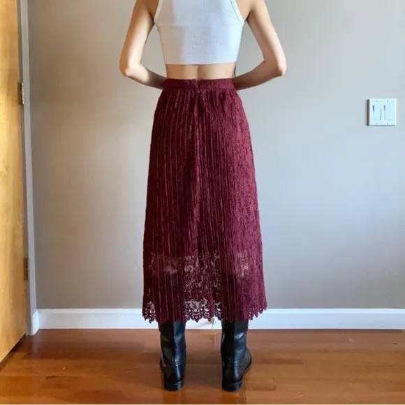 Zara lace pleated midi skirt burgundy red