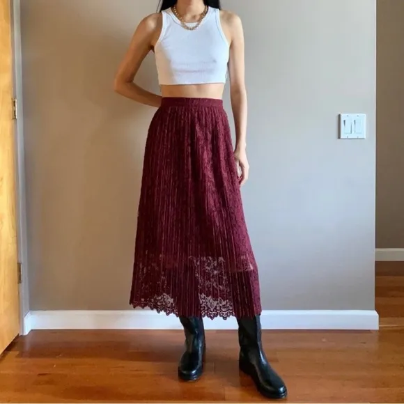 Zara lace pleated midi skirt burgundy red