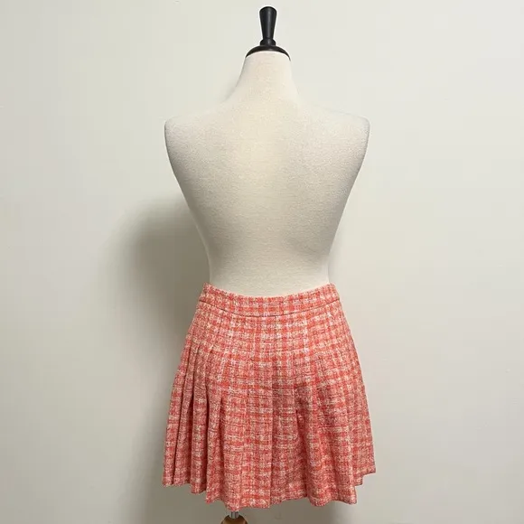 Zara Orange Ivory Plaid Tweed Pleated Schoolgirl Skirt NWT Large Side Zipper