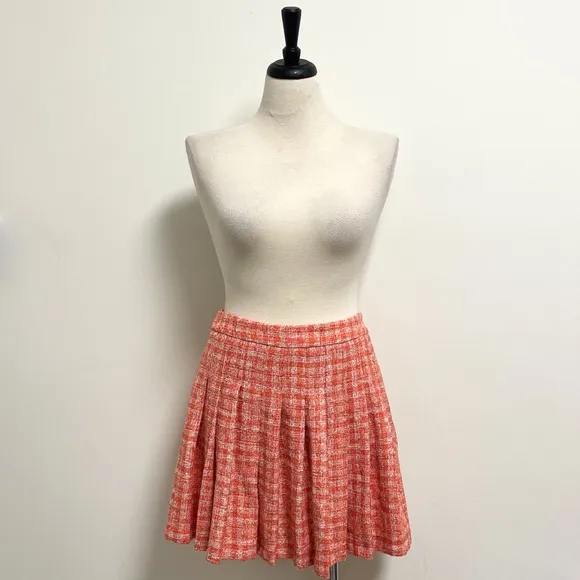 Zara Orange Ivory Plaid Tweed Pleated Schoolgirl Skirt NWT Large Side Zipper