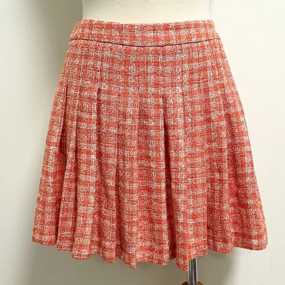 Zara Orange Ivory Plaid Tweed Pleated Schoolgirl Skirt NWT Large Side Zipper