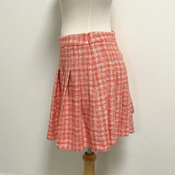 Zara Orange Ivory Plaid Tweed Pleated Schoolgirl Skirt NWT Large Side Zipper