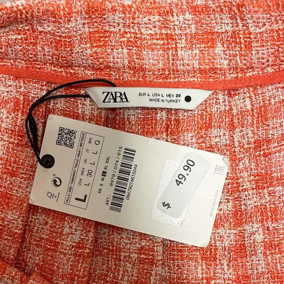 Zara Orange Ivory Plaid Tweed Pleated Schoolgirl Skirt NWT Large Side Zipper