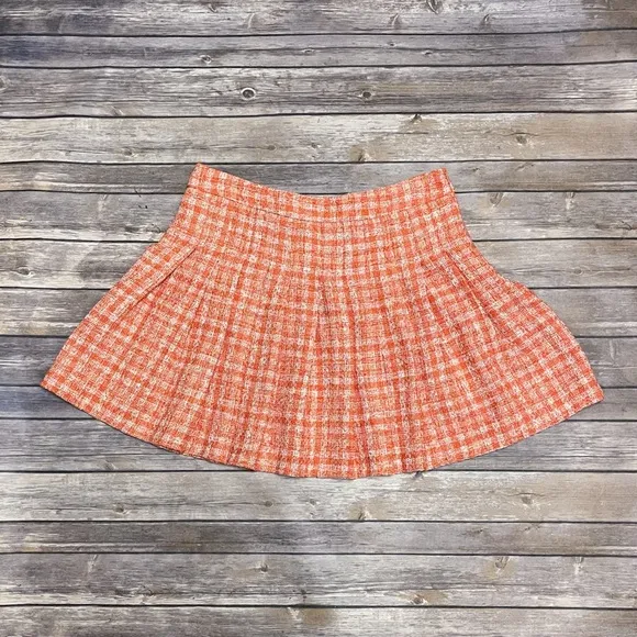 Zara Orange Ivory Plaid Tweed Pleated Schoolgirl Skirt NWT Large Side Zipper